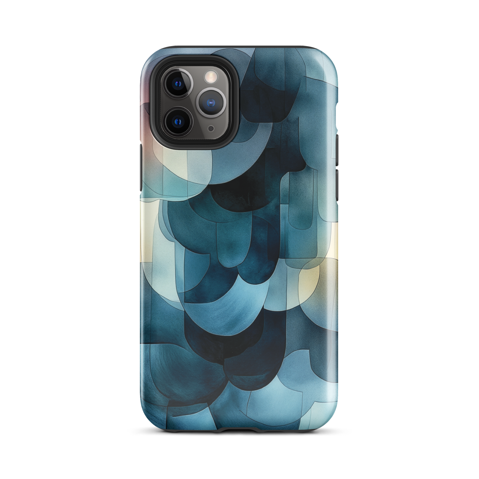 A modern abstract phone case featuring layered blue forms and soft flowing shapes.