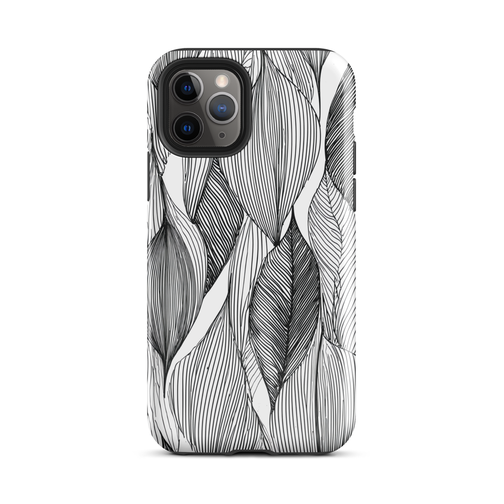 A minimalist phone case featuring fine black botanical linework in a repeating leaf pattern.
