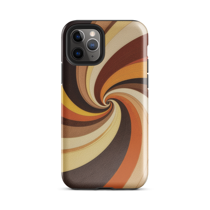 A retro-inspired phone case featuring warm swirling patterns in orange, yellow, and brown tones.
