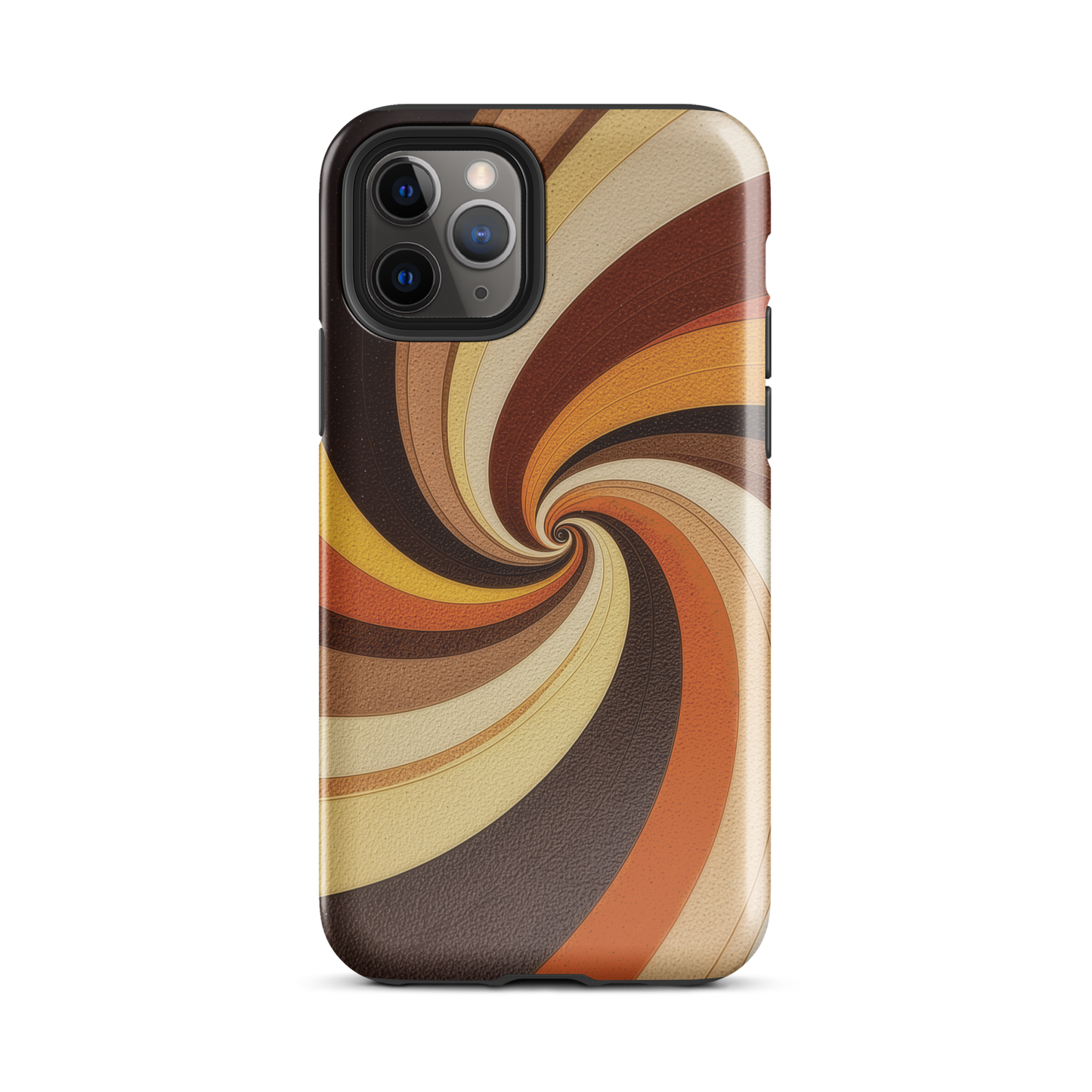 A retro-inspired phone case featuring warm swirling patterns in orange, yellow, and brown tones.