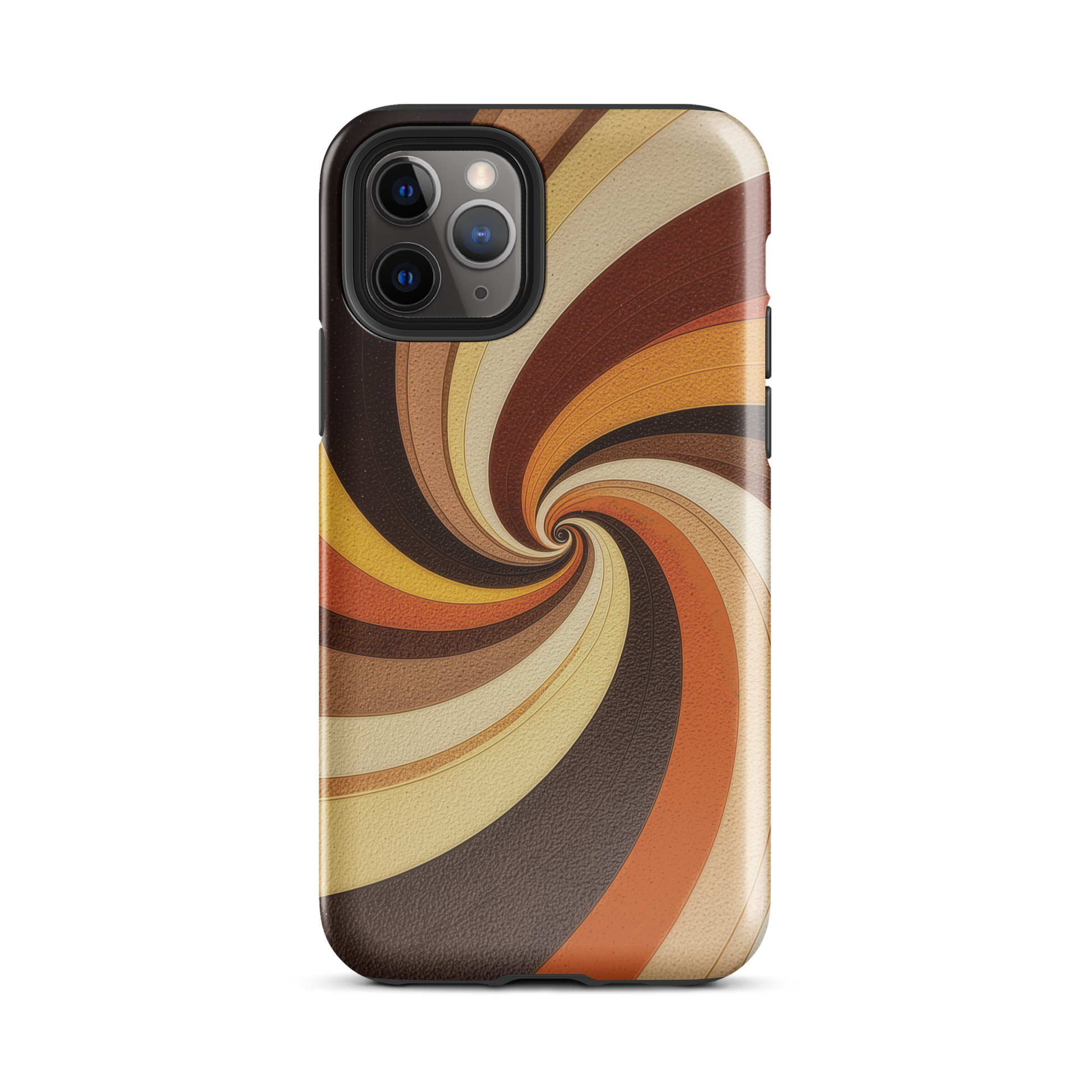A retro-inspired phone case featuring warm swirling patterns in orange, yellow, and brown tones.