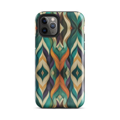 A bold geometric phone case featuring layered shapes in rich, earthy tones.
