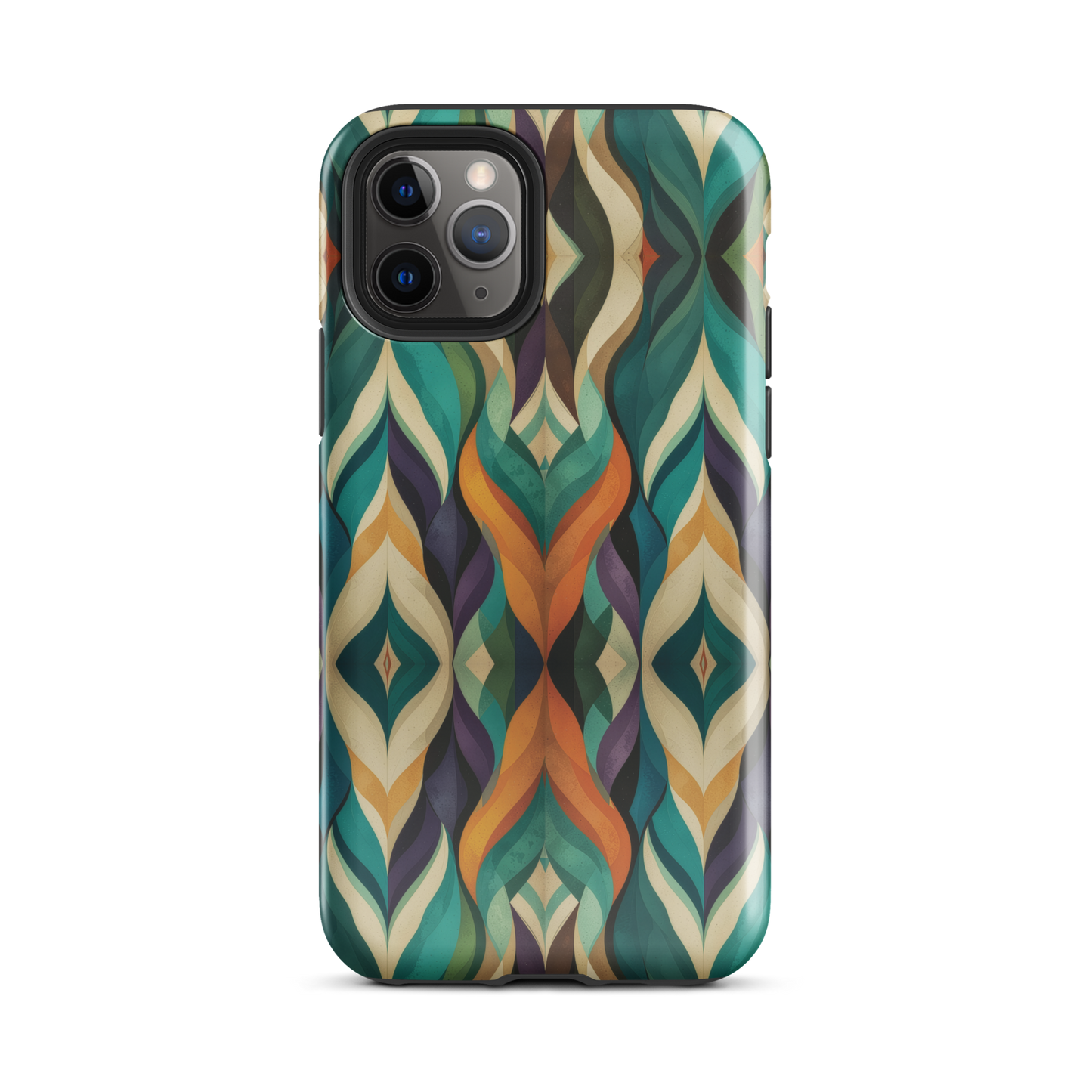 A bold geometric phone case featuring layered shapes in rich, earthy tones.