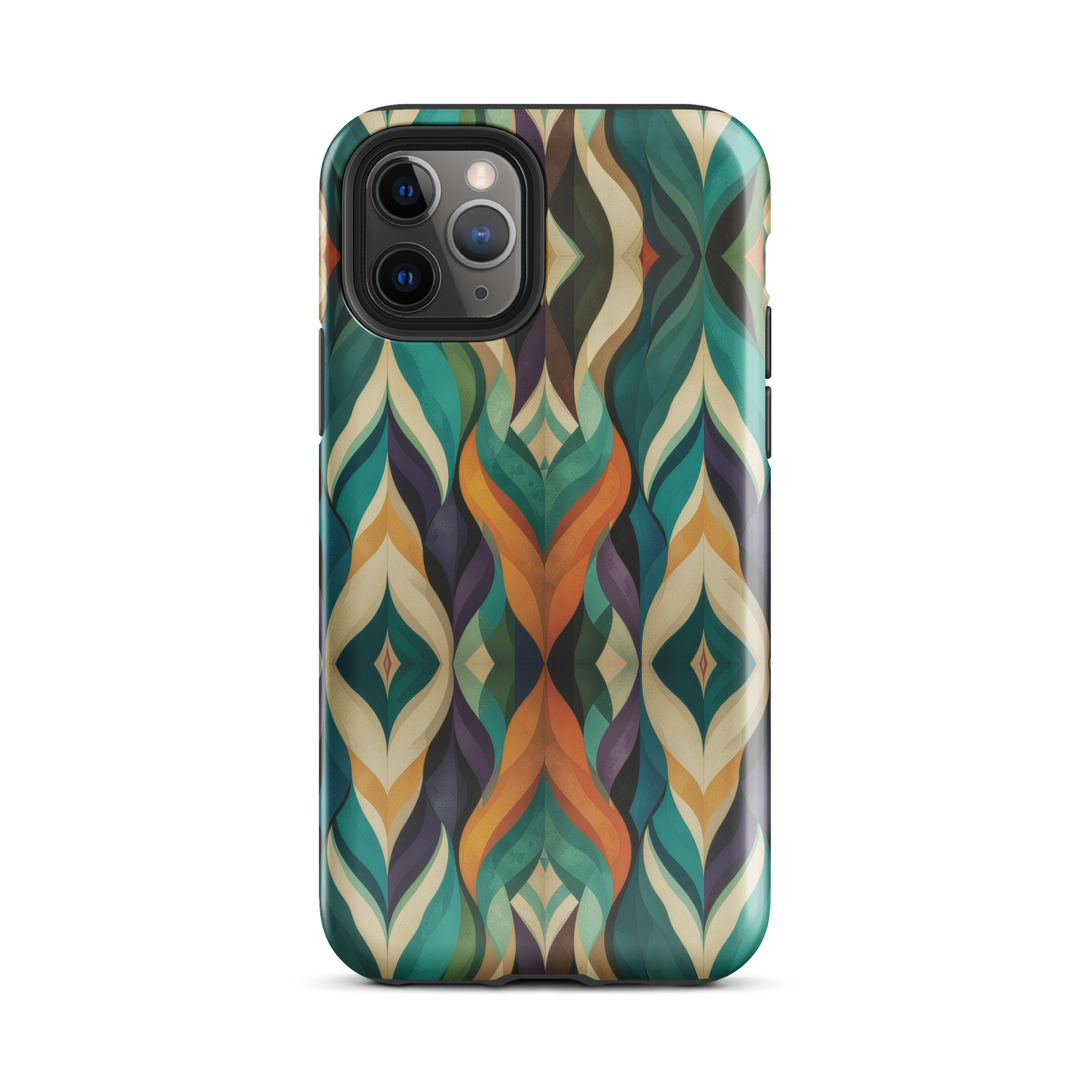 A bold geometric phone case featuring layered shapes in rich, earthy tones.
