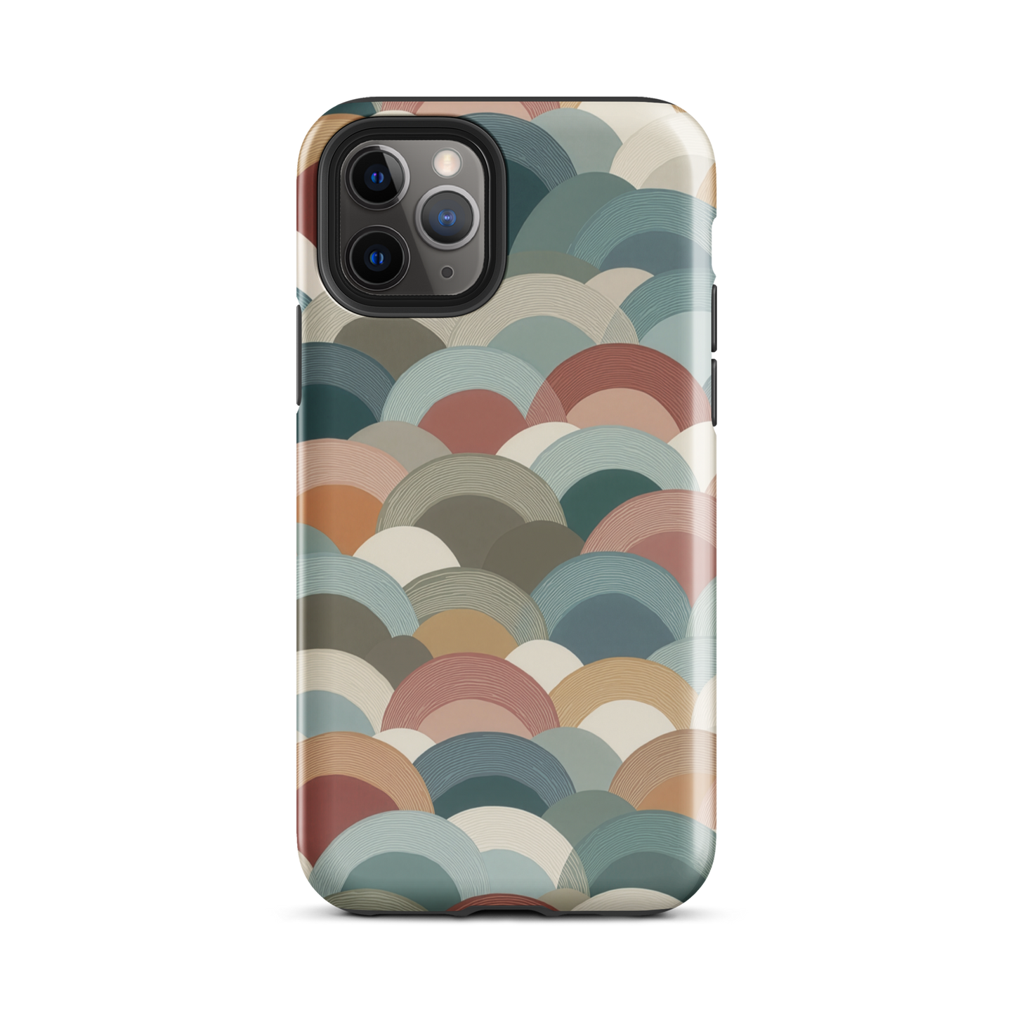 A soft retro-inspired phone case featuring layered arc shapes in warm, earthy tones.