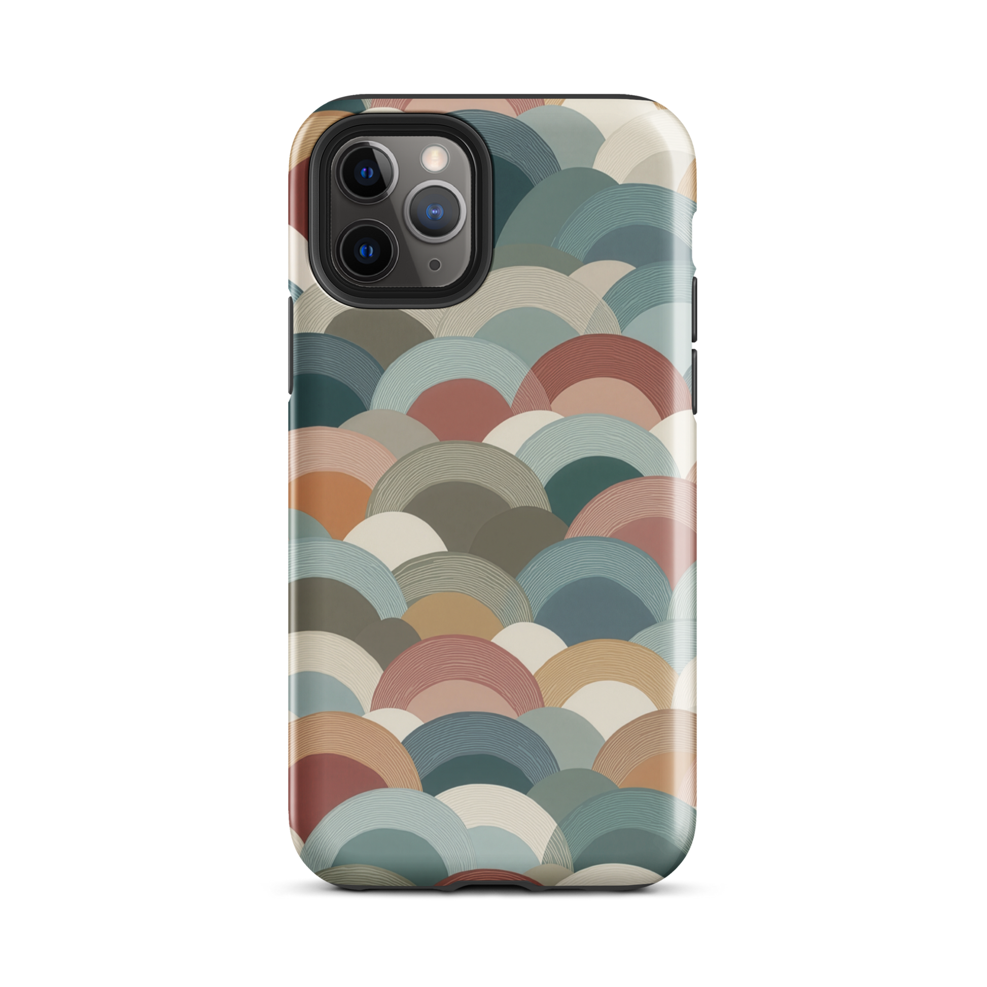 A soft retro-inspired phone case featuring layered arc shapes in warm, earthy tones.