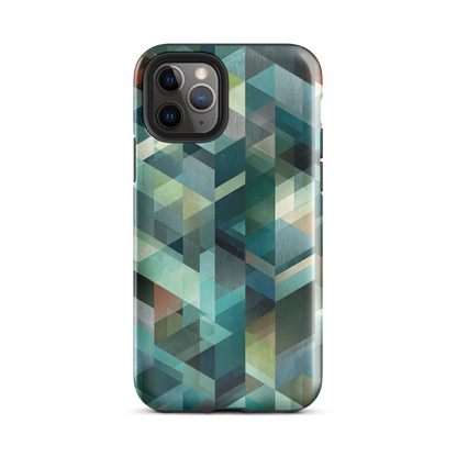 Modern abstract geometric phone case in teal and blue tones with layered retro-inspired shapes.