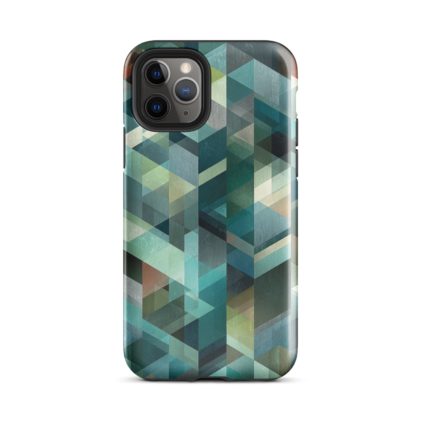 Modern abstract geometric phone case in teal and blue tones with layered retro-inspired shapes.