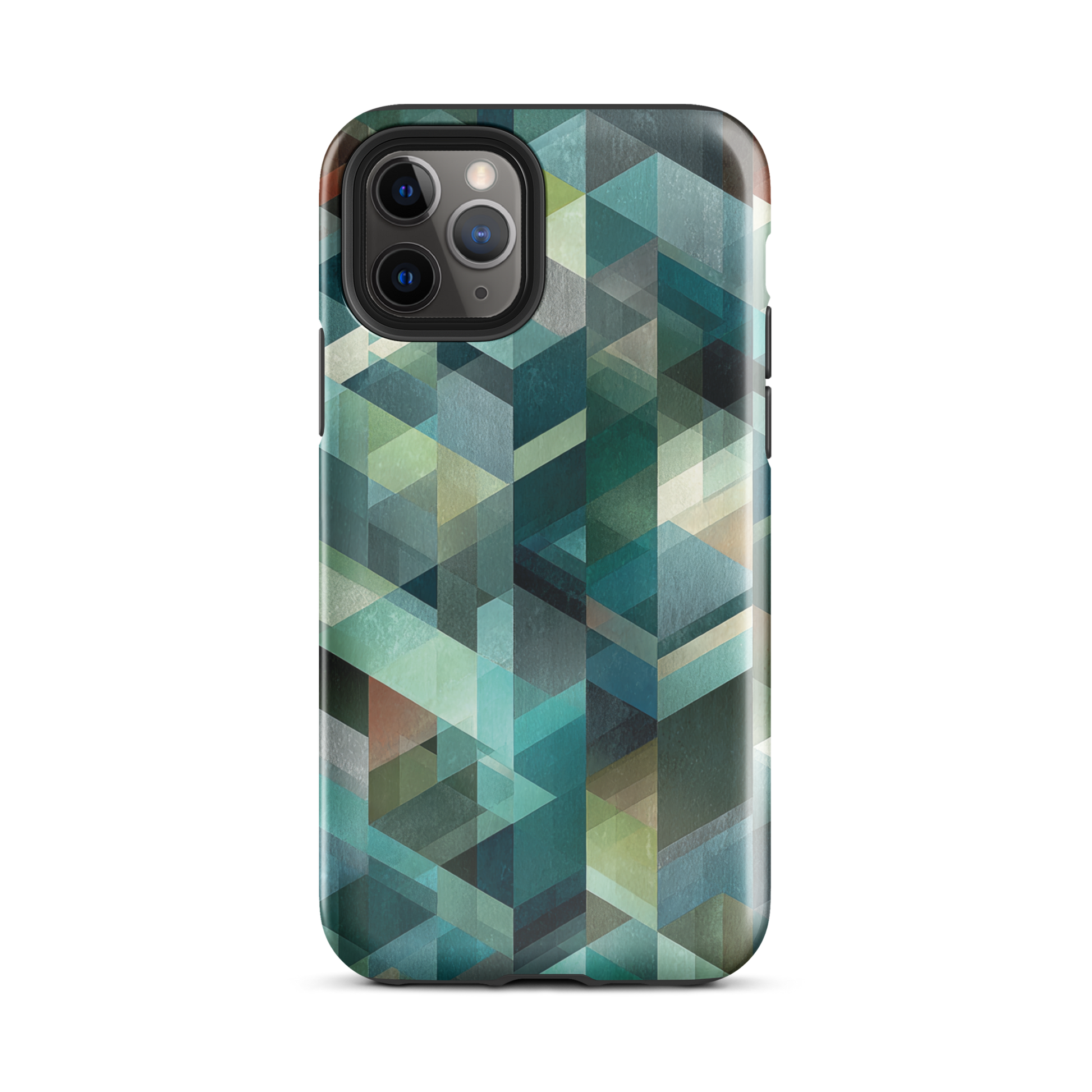 Modern abstract geometric phone case in teal and blue tones with layered retro-inspired shapes.
