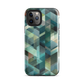 Modern abstract geometric phone case in teal and blue tones with layered retro-inspired shapes.