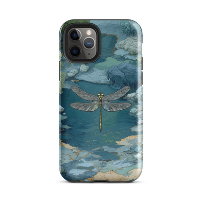 Nature-inspired phone case featuring a dragonfly over calm water with blue and green forest tones.