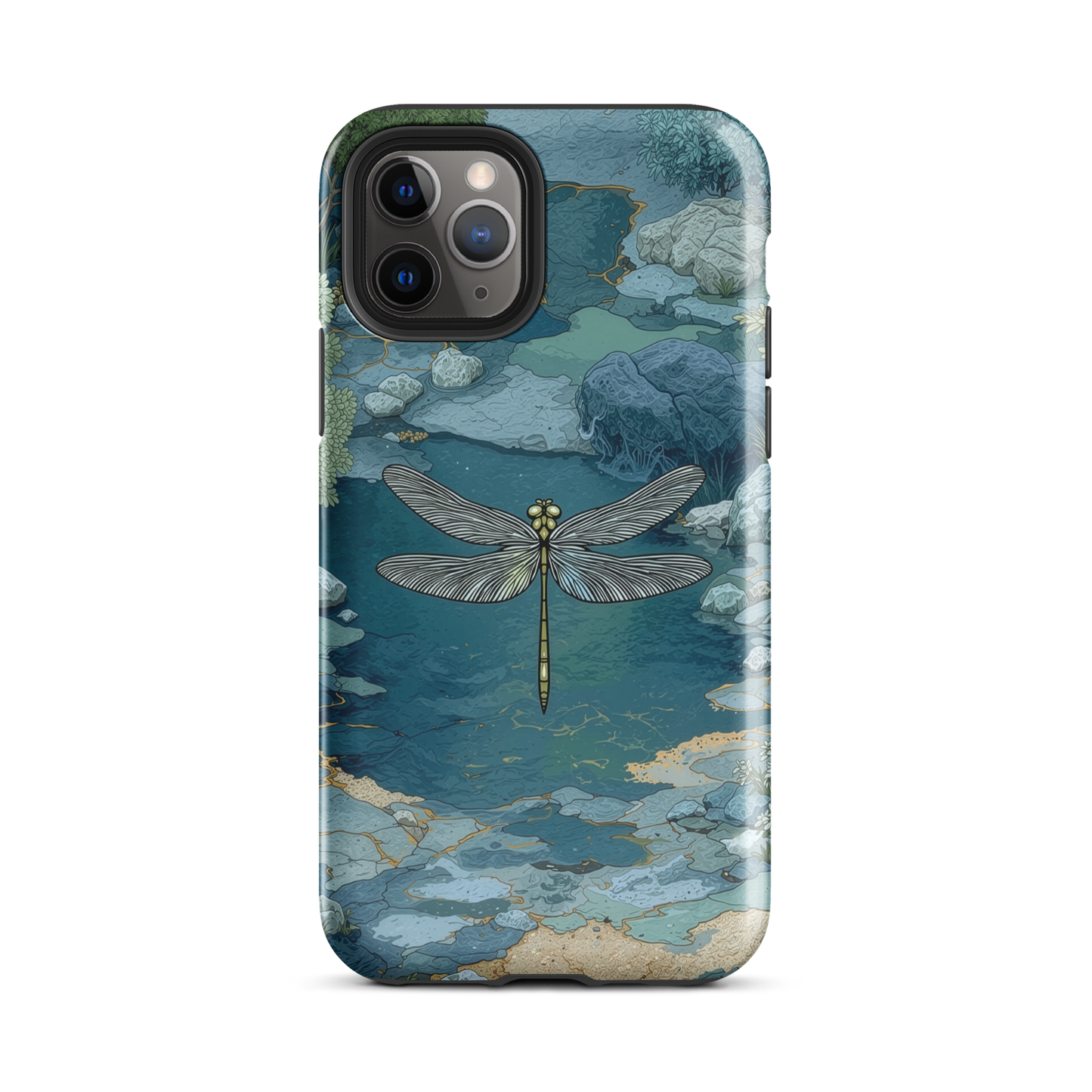 Nature-inspired phone case featuring a dragonfly over calm water with blue and green forest tones.