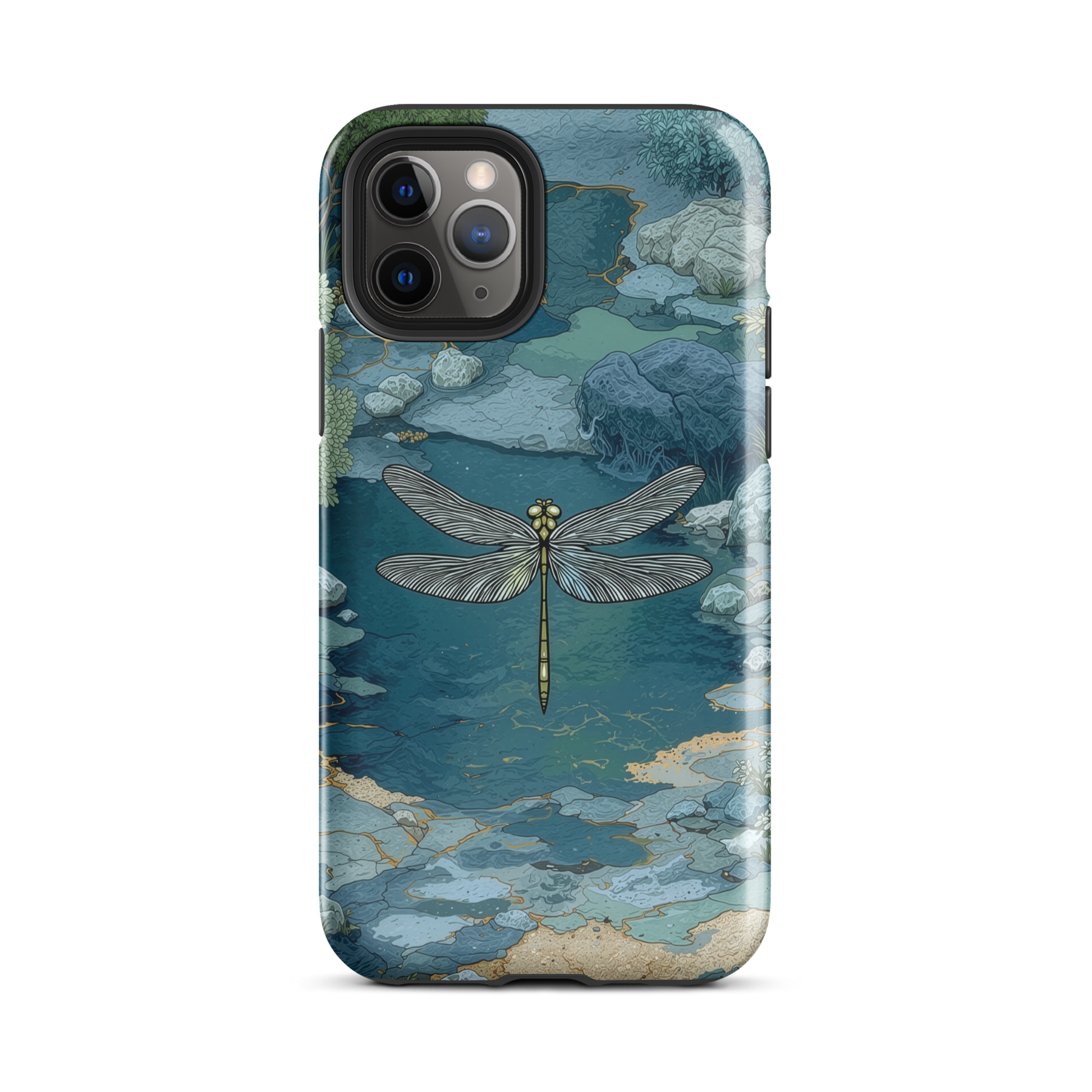 Nature-inspired phone case featuring a dragonfly over calm water with blue and green forest tones.