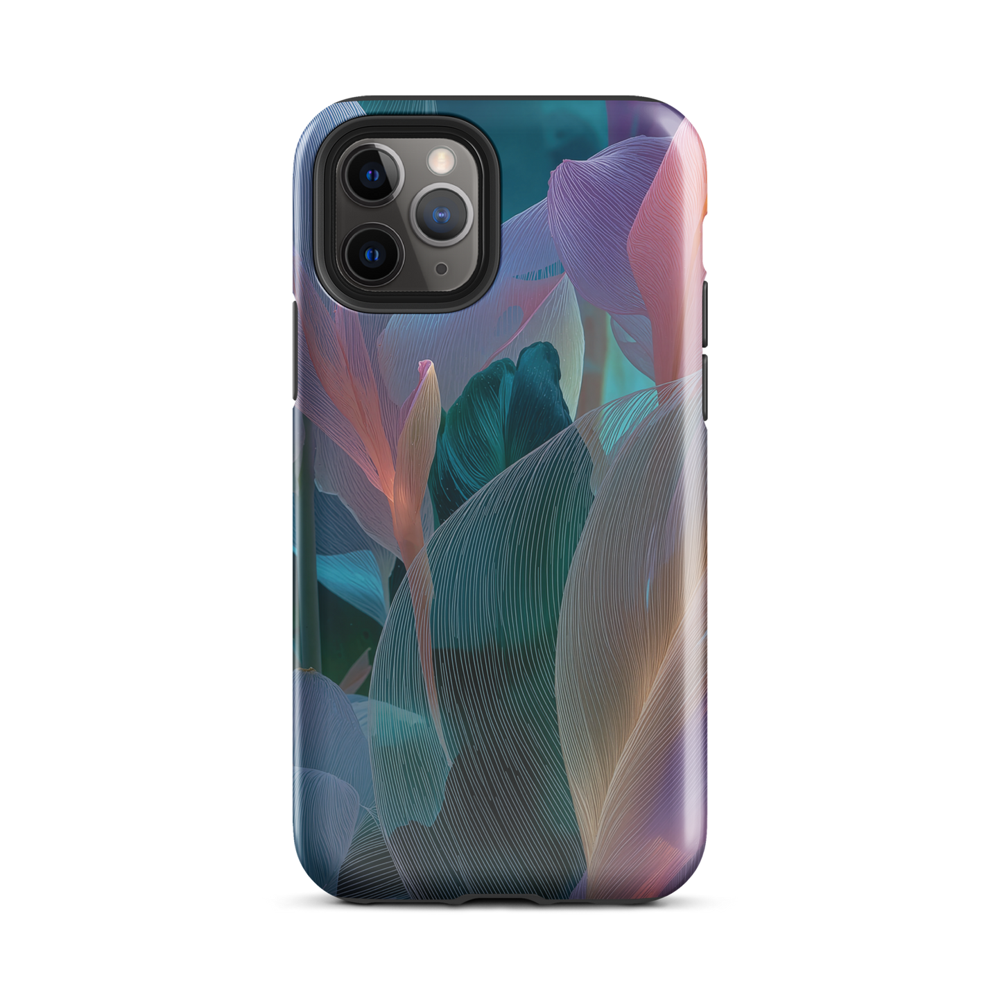 Abstract pastel botanical designer phone case in pink, lilac and teal tones with soft flowing floral textures