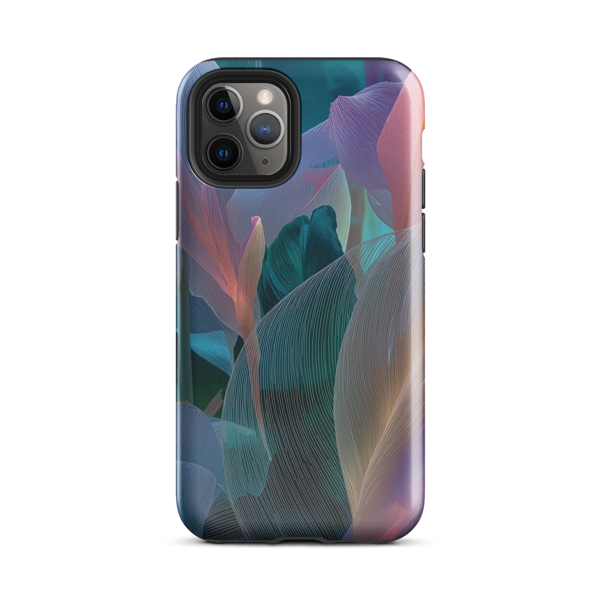 Abstract pastel botanical designer phone case in pink, lilac and teal tones with soft flowing floral textures