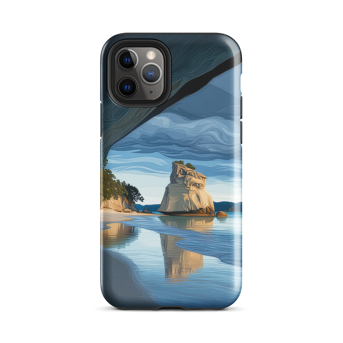 Artistic Cathedral Cove coastal designer phone case with arch rock, blue ocean and golden cliffs