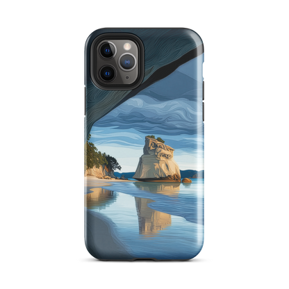 Artistic Cathedral Cove coastal designer phone case with arch rock, blue ocean and golden cliffs