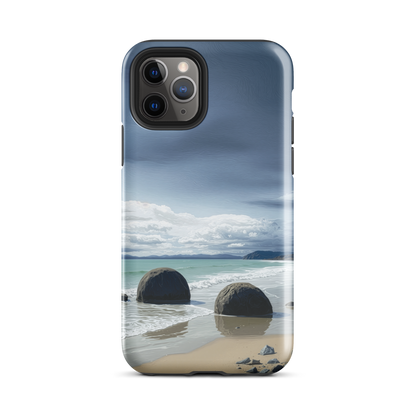 Moeraki Boulders coastal designer phone case with ocean waves and dramatic NZ sky