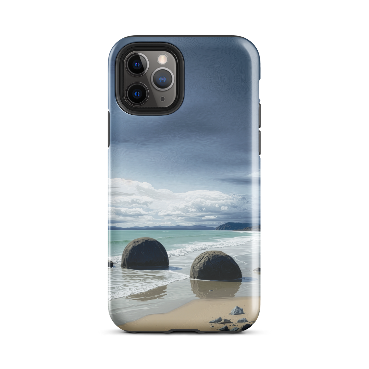 Moeraki Boulders coastal designer phone case with ocean waves and dramatic NZ sky