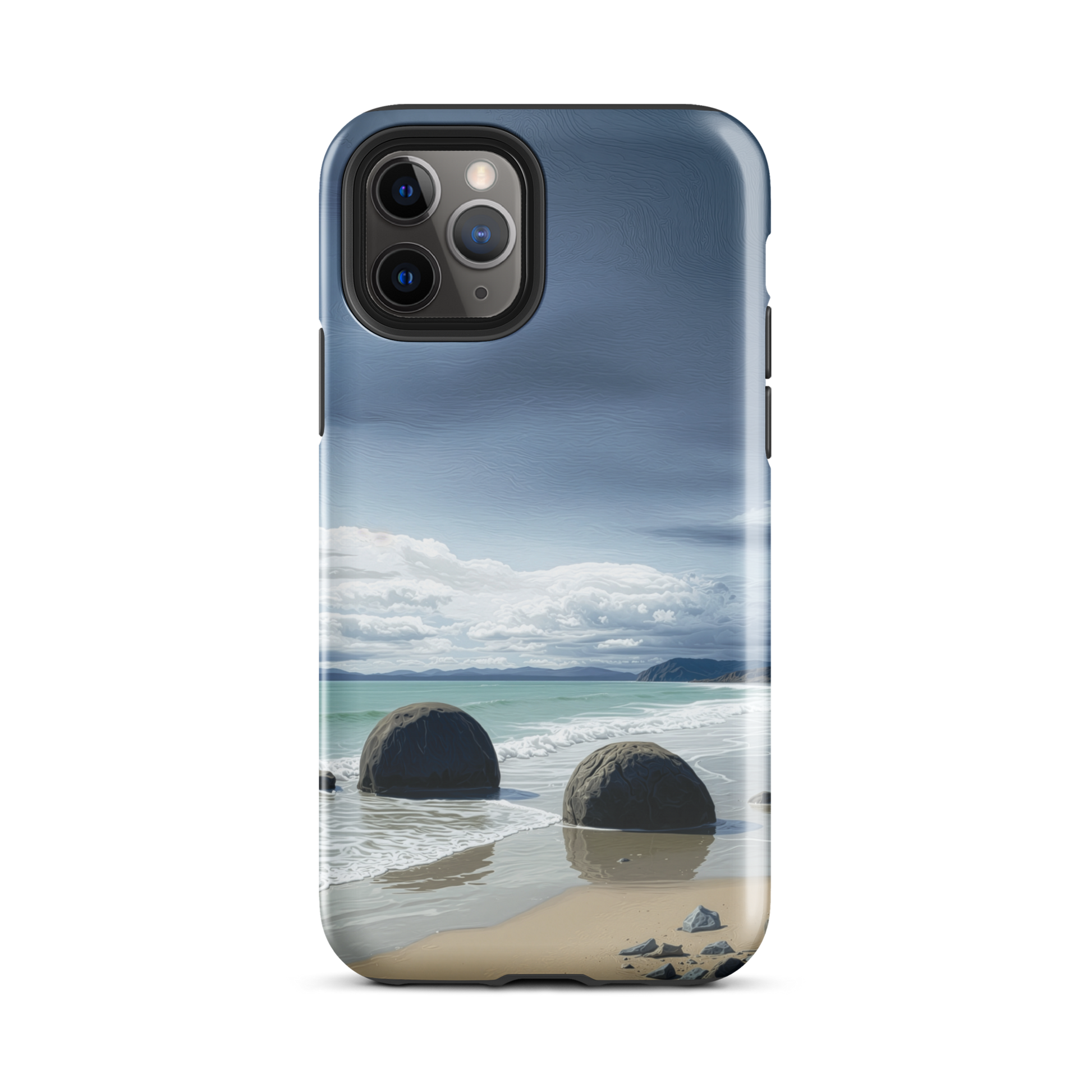 Moeraki Boulders coastal designer phone case with ocean waves and dramatic NZ sky