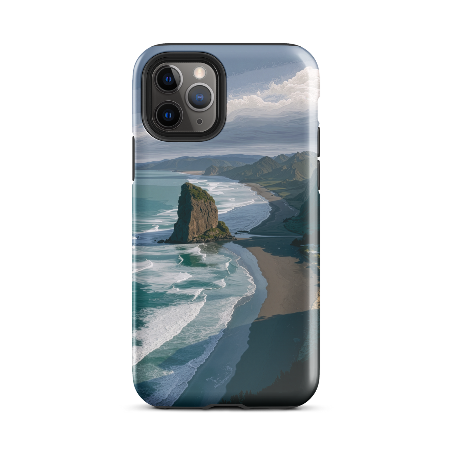Piha Beach Lion Rock designer phone case with turquoise waves and dramatic NZ coastline