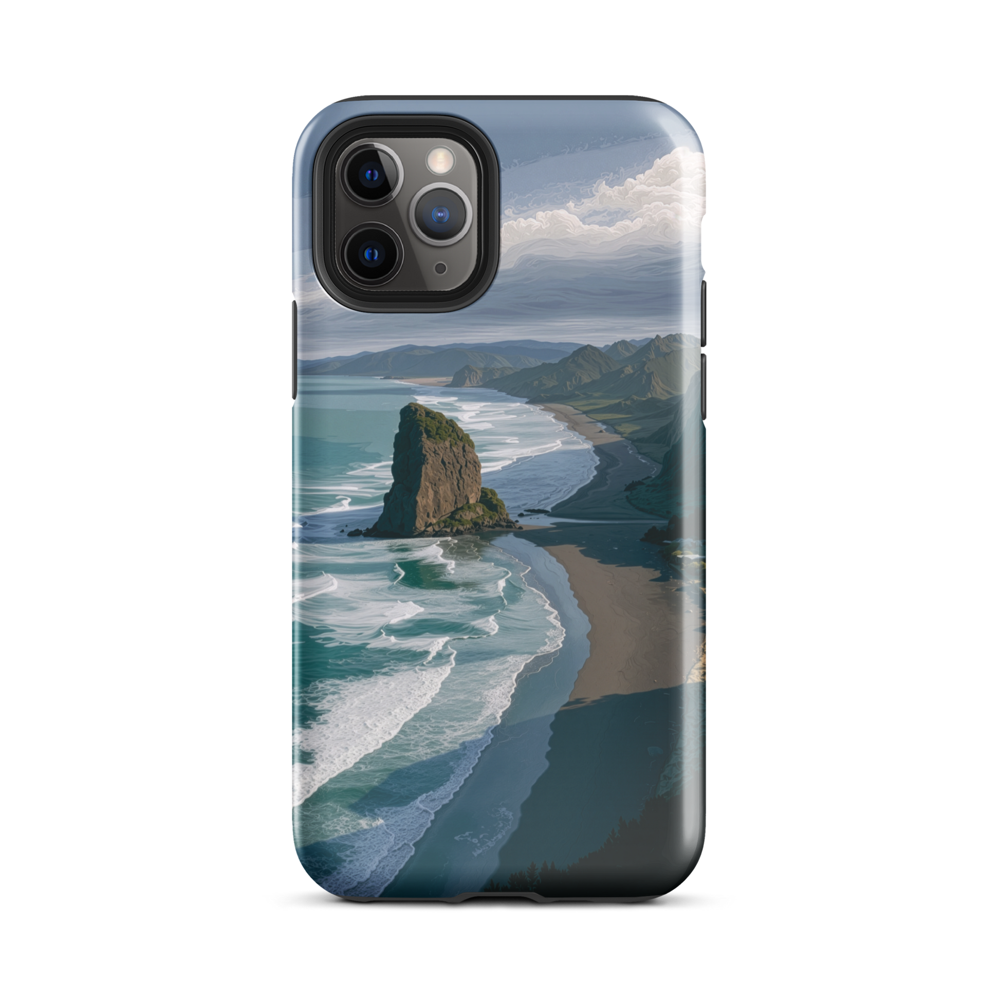 Piha Beach Lion Rock designer phone case with turquoise waves and dramatic NZ coastline