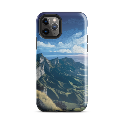Te Mata Peak designer phone case with Hawke’s Bay cliffs, rolling green hills and dramatic swirling sky