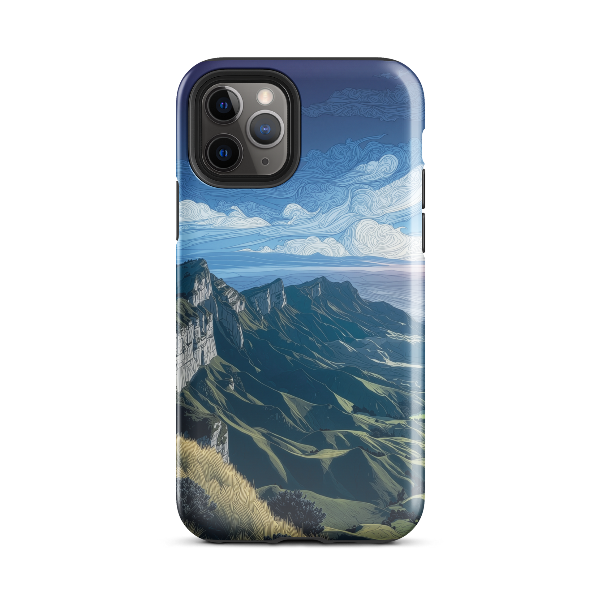 Te Mata Peak designer phone case with Hawke’s Bay cliffs, rolling green hills and dramatic swirling sky