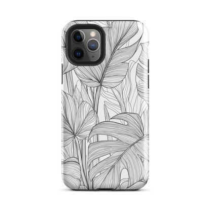 Minimal black and white tropical leaf designer phone case with detailed botanical line art