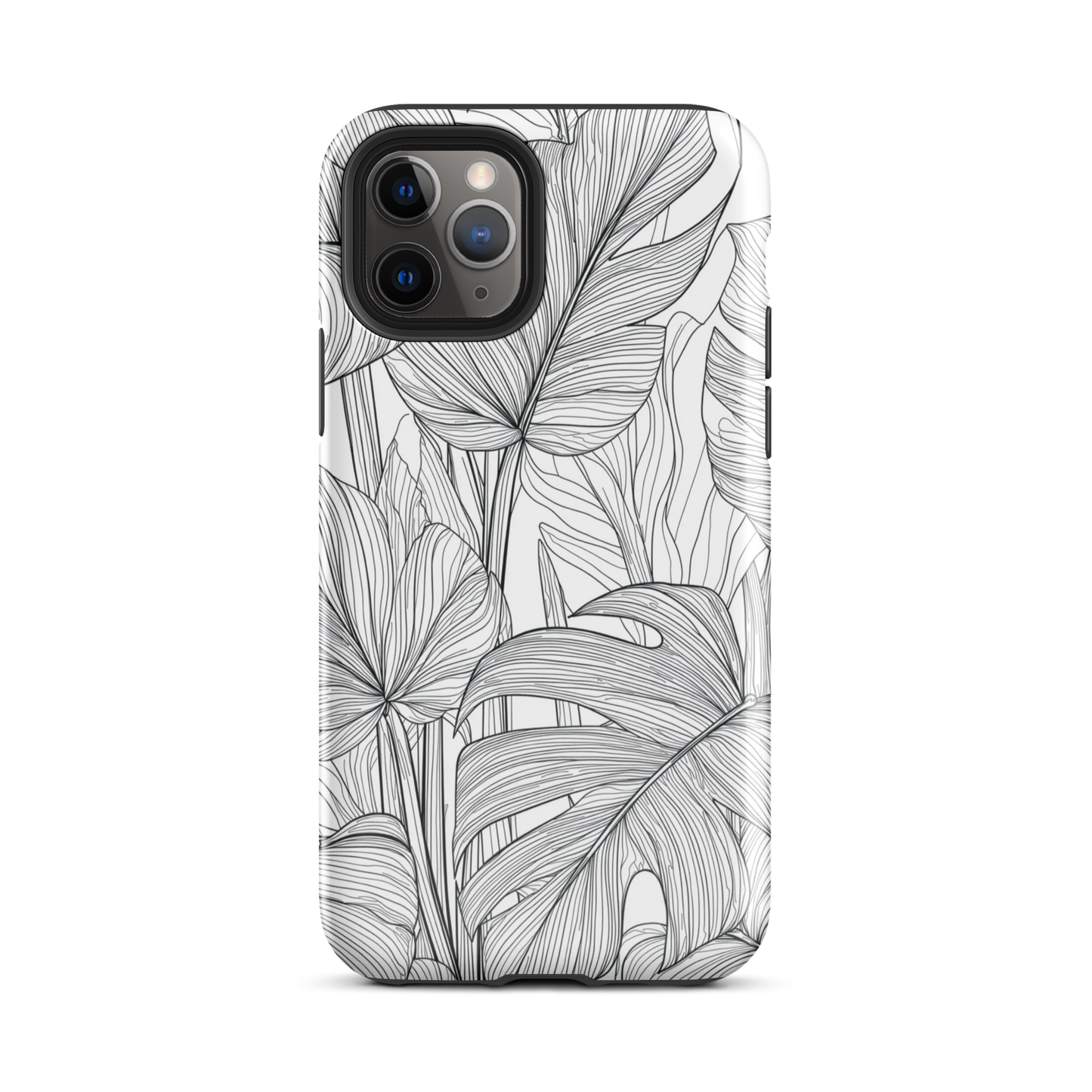 Minimal black and white tropical leaf designer phone case with detailed botanical line art