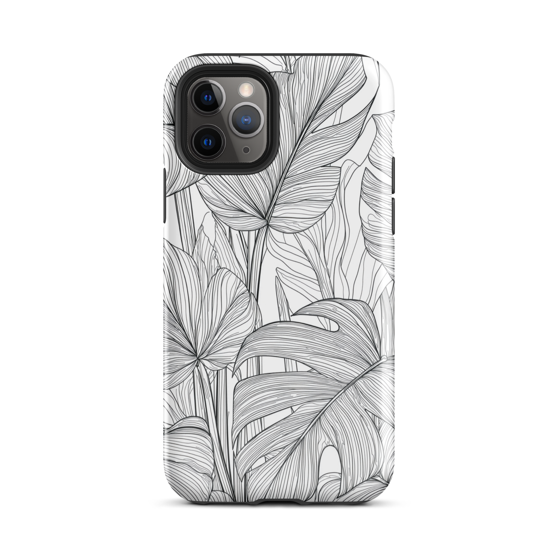 Minimal black and white tropical leaf designer phone case with detailed botanical line art
