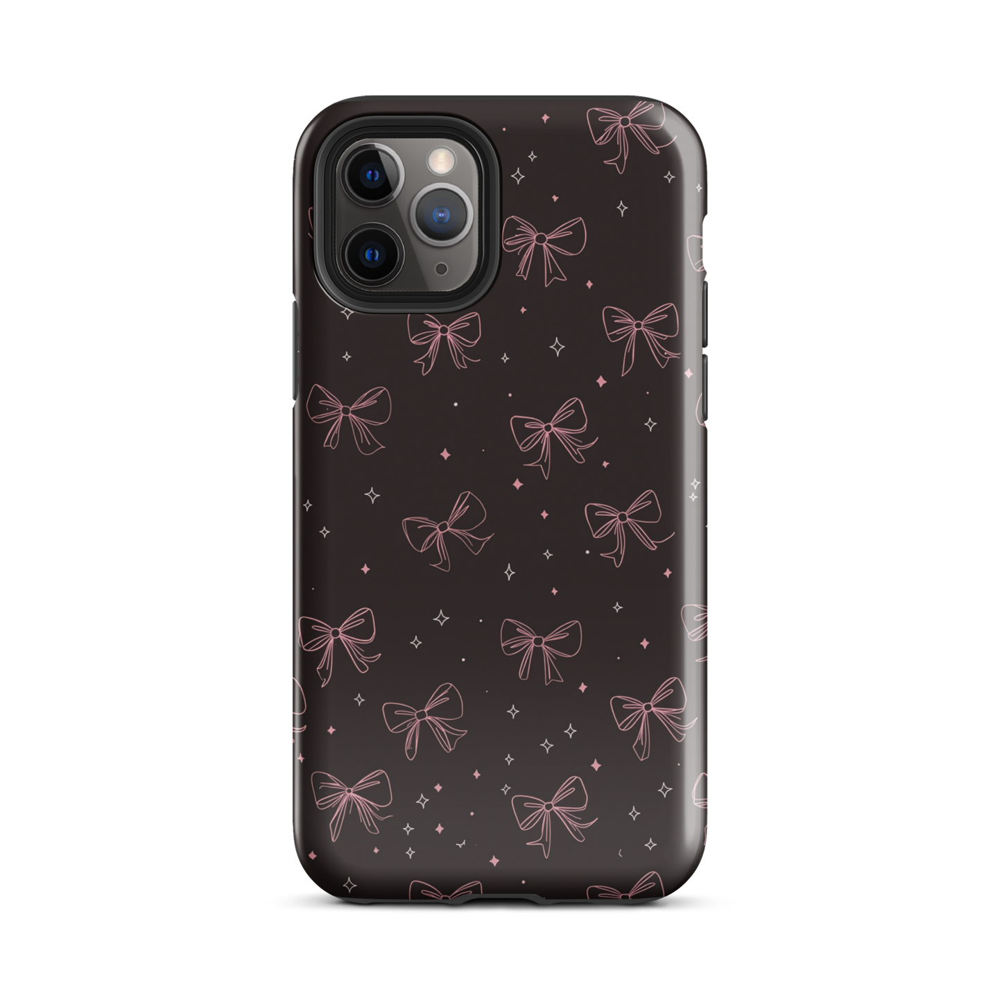 Midnight Bow seamless repeat pattern — pink hand-drawn ribbon bows and sparkle stars on a black background