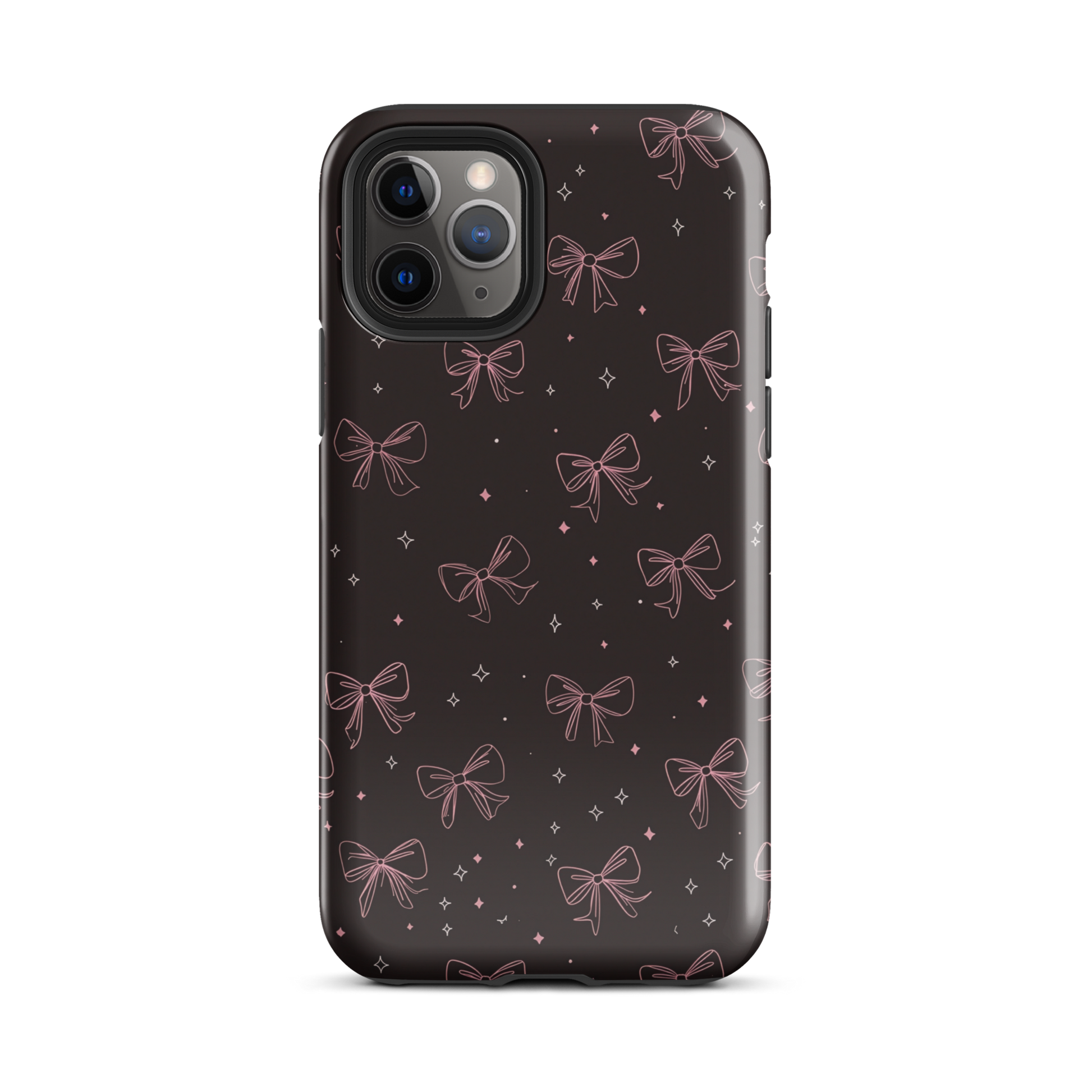 Midnight Bow seamless repeat pattern — pink hand-drawn ribbon bows and sparkle stars on a black background