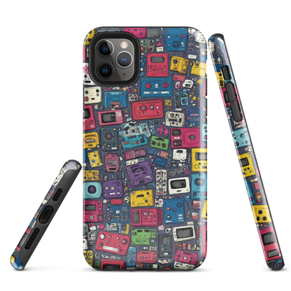 'Arcade' iPhone case, featuring a vibrant collage of hand-drawn controllers in bold, vintage-inspired colours. From electric blue and hot pink to classic black and yellow