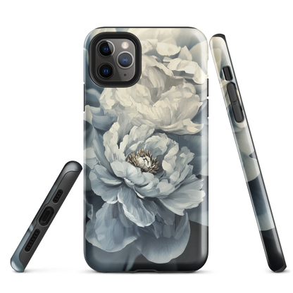 'Whisper' iPhone case features a stunning close-up of softly painted peony blooms in dreamy shades of ivory, grey, and smoky blue.