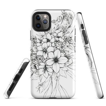 Black and white floral phone case with hand-drawn lilies and wildflowers