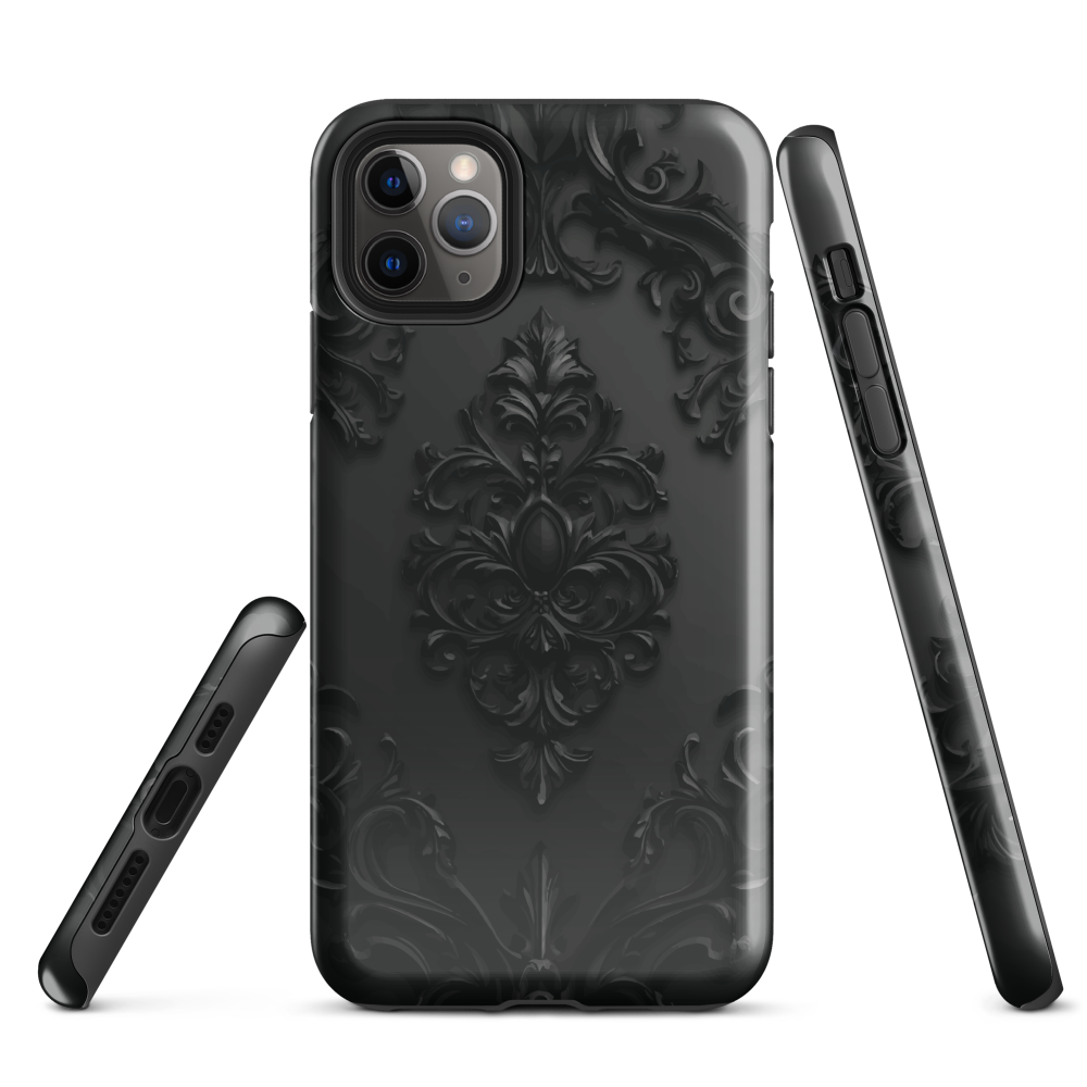 Black embossed damask phone case with gothic baroque pattern.