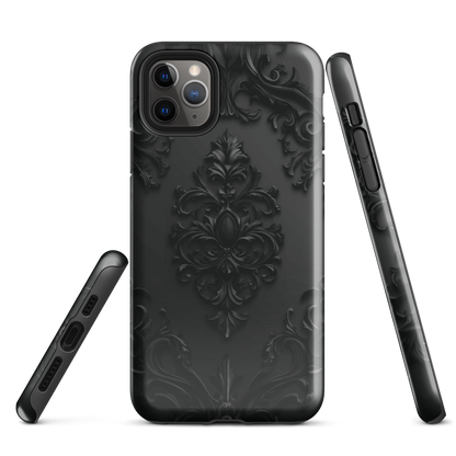 Black embossed damask phone case with gothic baroque pattern.