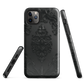 Black embossed damask phone case with gothic baroque pattern.
