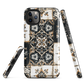 Moroccan tile pattern phone case in black, white, and gold tones with vintage-inspired design.