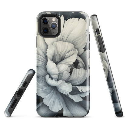 Black and white floral phone case featuring a soft, moody peony design by New Zealand artist Ben Hart.