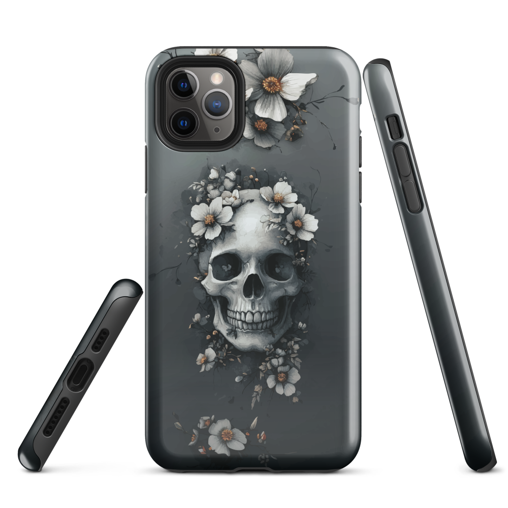 Gothic phone case with a floral skull design in grey tones, featuring white blossoms and dark detailing.
