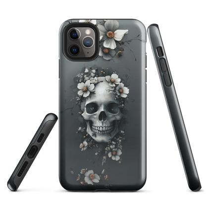 Gothic phone case with a floral skull design in grey tones, featuring white blossoms and dark detailing.