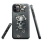 Gothic phone case with a floral skull design in grey tones, featuring white blossoms and dark detailing.