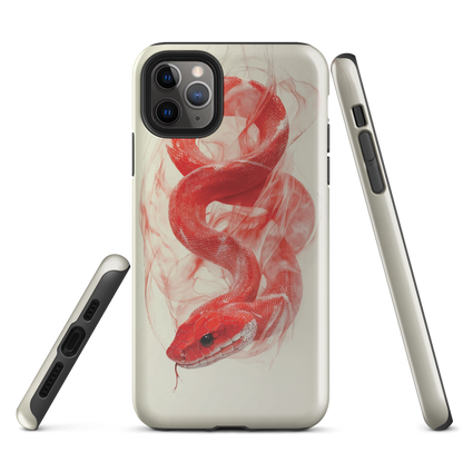 Phone case with red snake design on a cream background, coiled in smoky detail. Bold artwork by NZ designer Ben Hart.