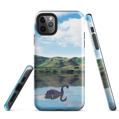 Phone case with a black swan on a calm lake, New Zealand hills in the background. Art by NZ designer Ben Hart.