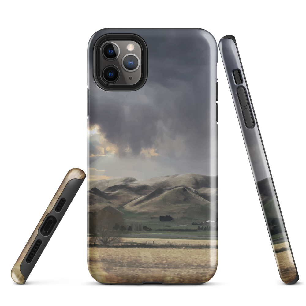 Designer phone case with NZ landscape painting of Te Hauke and cloudy skies by Ben Hart.