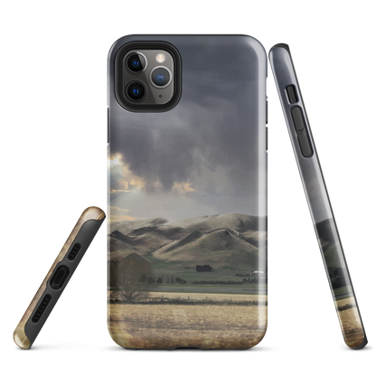 Designer phone case with NZ landscape painting of Te Hauke and cloudy skies by Ben Hart.