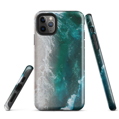Ocean wave phone case with abstract beach design in teal and white, by NZ artist Ben Hart.
