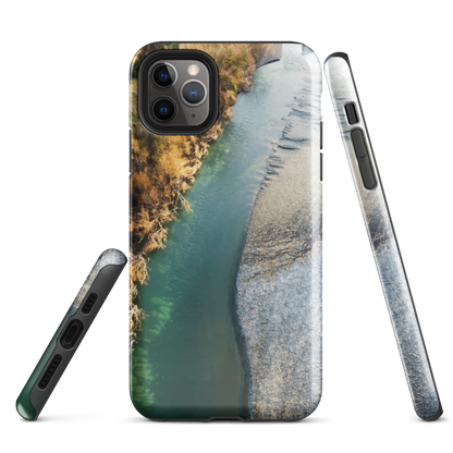 Phone case with aerial riverbend artwork and earthy tones, designed by New Zealand artist Ben Hart.